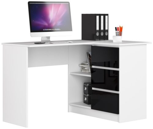 AKORD B16 Sarok Íróasztal 124 cm Jobbos 3 Fiókos Fehér/Fekete Magasfényű