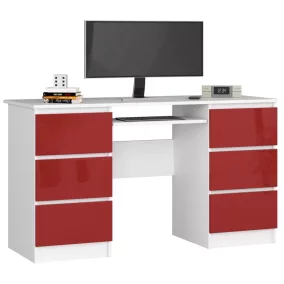   A-11 Számítógépasztal 135 cm 6 Fiókos Fehér / Piros Magasfényű