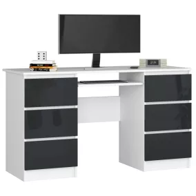   A-11 Számítógépasztal 135 cm 6 Fiókos Fehér / Grafit Magasfényű