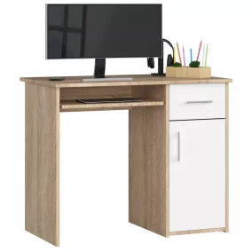   AKORD PIN Sonoma Tölgy Számítógépasztal Laminált Fehér Kihúzható Billentyűzettartóval