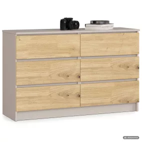   AKORD CLP K120 Komód Laminált Forgácslap Kasmír / Artisan Tölgy 6 Fiókos