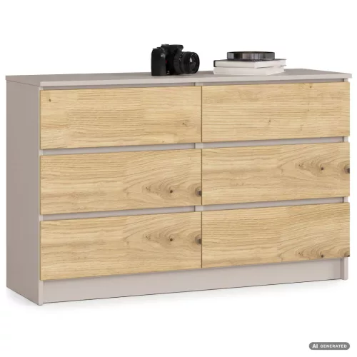 AKORD CLP K120 Komód Laminált Forgácslap Kasmír / Artisan Tölgy 6 Fiókos