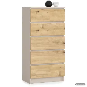   AKORD CLP K60 Komód Laminált Forgácslap Kasmír / Artisan Tölgy 5 Fiókos