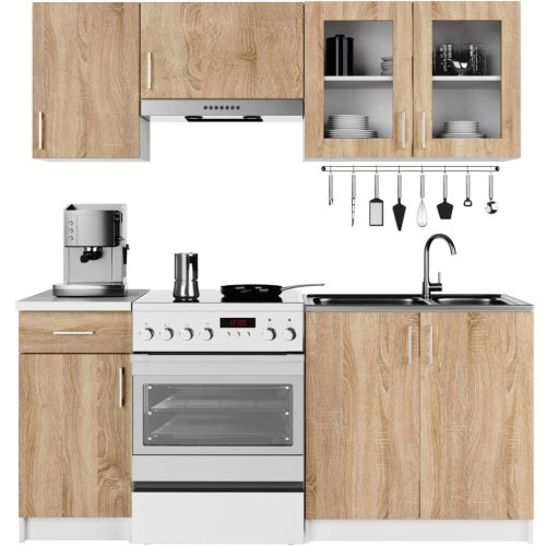 AKORD Lima 180 cm-es Konyhabútor Szett Sonoma Tölgy/Fehér Üveges Vitrinnel