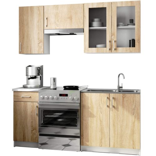 AKORD Lima 180 Konyhabútor Szett Sonoma Tölgy/Fehér Üvegvitrines