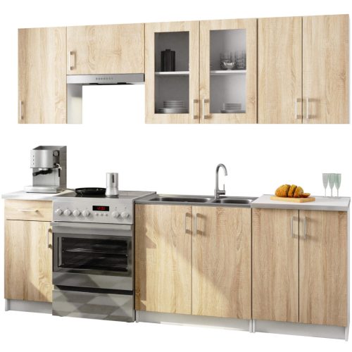 AKORD Lima 240 Konyhabútor Szett Sonoma Tölgy/Fehér Üvegvitrines