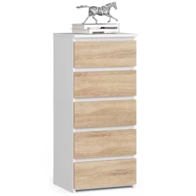   AKORD CL5 Keskeny Komód Fehér-Sonoma Tölgy Laminált 5-Fiókos