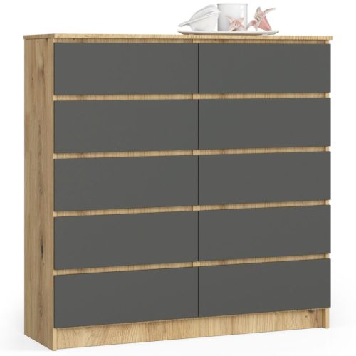 AKORD CLP Artisan Tölgy Komód 10 Fiókos Matt Szürke