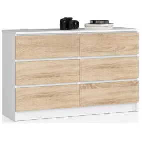   AKORD CLP K120 Komód 6 Fiókos Laminált Fehér-Sonoma Tölgy