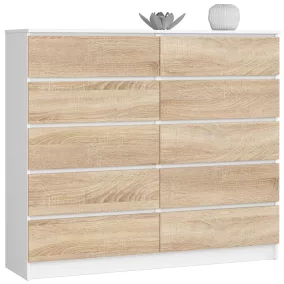   AKORD CLP K140 Komód Laminált Fehér/Sonoma Tölgy 10 Fiókos