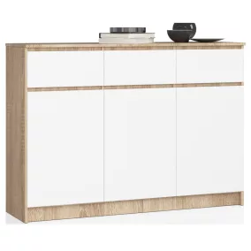   AKORD CLP K140 Komód Laminált Sonoma Tölgy Fehér 3 Ajtós 3 Fiókos