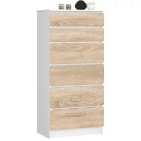   AKORD CLP K60 Fiókos Komód Laminált Fehér-Sonoma 6 Fiókos
