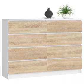   AKORD CLP K140 Komód 8 Fiókos Fehér/Sonoma Tölgy Laminált