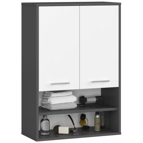 AKORD FIN Fali Fürdőszobaszekrény 64 cm Laminált Lemez Grafit Szürke/Fehér 2 Ajtós 4 Polcos