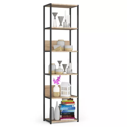 AKORD LOFT Ipari Stílusú Regál 50 cm Fém Váz Laminált Polcok Fekete/Sonoma Tölgy 6 Polcos