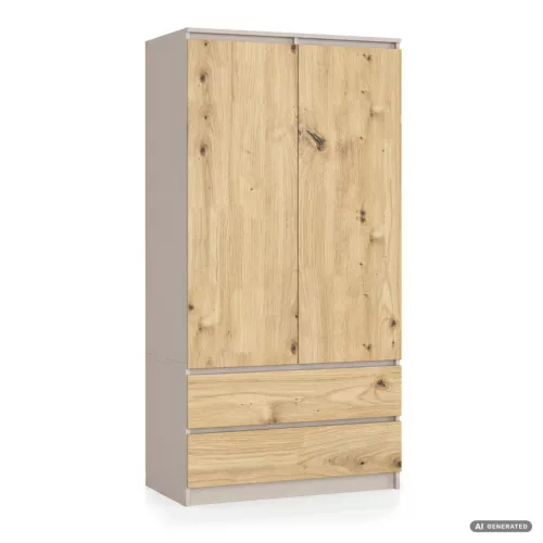 AKORD CLP S90 Kétajtós Ruhásszekrény Laminált Lap Kasmír / Artisan Tölgy Fiókos