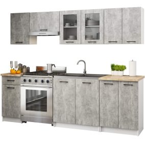   AKORD Oliwia 2.4m Konyhabútor Szett Beton Színben Üvegvitrines Szekrénnyel