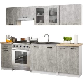   AKORD Oliwia 2.4m Konyhabútor Szett Beton Színben Üvegvitrines Szekrénnyel