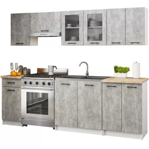 AKORD Oliwia 2.4m Konyhabútor Szett Beton Színben Üvegvitrines Szekrénnyel