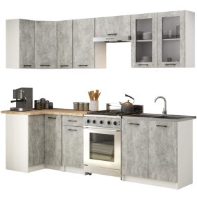   AKORD Oliwia 3M Sarok Konyhabútor Szett Vitrines Szekrénnyel Beton/Fehér