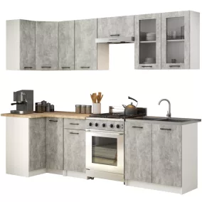   AKORD Oliwia 3M Sarok Konyhabútor Szett Vitrines Szekrénnyel Beton/Fehér