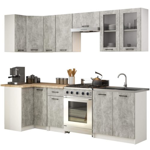 AKORD Oliwia 3M Sarok Konyhabútor Szett Vitrines Szekrénnyel Beton/Fehér