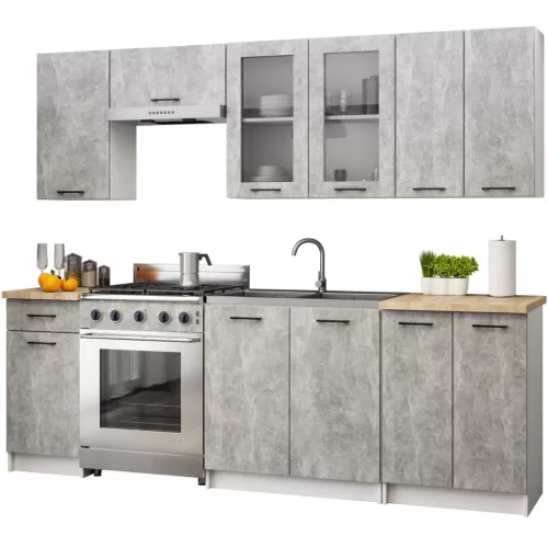 AKORD Oliwia 2.4m Konyhabútor Szett Fehér-Beton Üvegvitrines