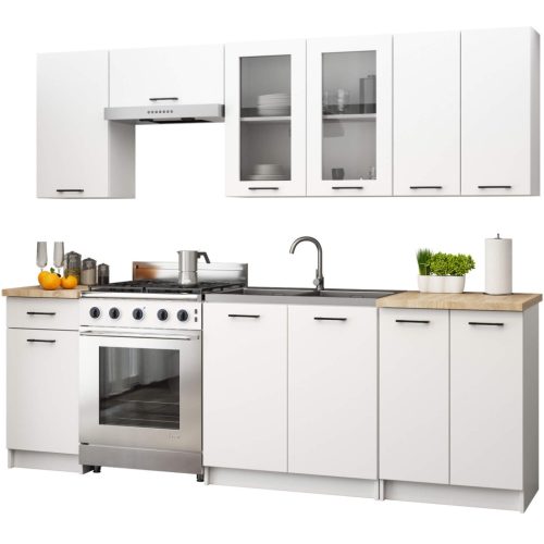 AKORD Oliwia 2.4m Fehér Konyhabútor Szett Üveges Vitrinnel