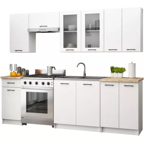 AKORD Oliwia 2.4m Fehér Konyhabútor Szett Üveges Vitrinnel