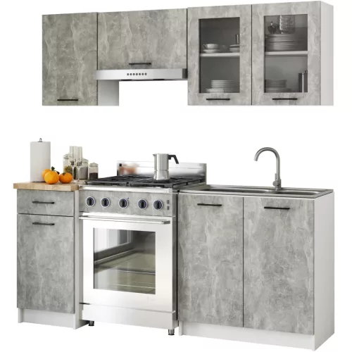 AKORD Oliwia 1.8m Konyhabútor Szett Vitrinnel Beton Szürke