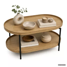   AKORD Furniture Factory Cortado Dohányzóasztal MDF Természetes Fa Fekete Lábakkal, Ovális Polccal