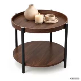   AKORD Furniture Factory RIVA Kerek Dohányzóasztal MDF Dió Fekete Lábakkal és Polccal