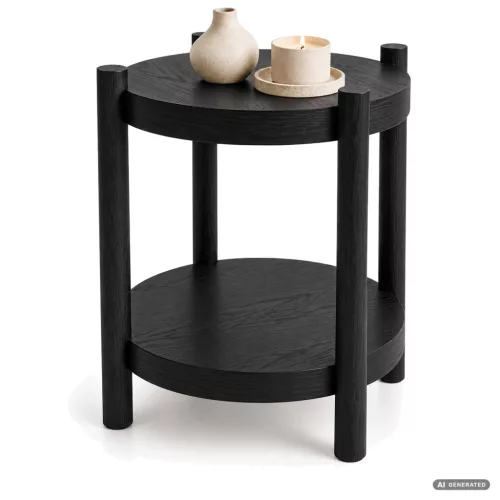 AKORD Furniture Factory Terra Kerek Dohányzóasztal MDF Fekete Polccal