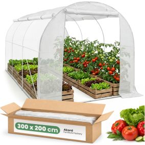   AKORD Fóliasátor Tunel Fehér 200x300x200 cm Felhajtható Oldalfalakkal 1 Ajtó 6 Ablak