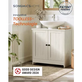   SONGMICS HOME Mosdó Alatti Szekrény Szerszám Nélküli Összeszerelés Rusztikus Fehér