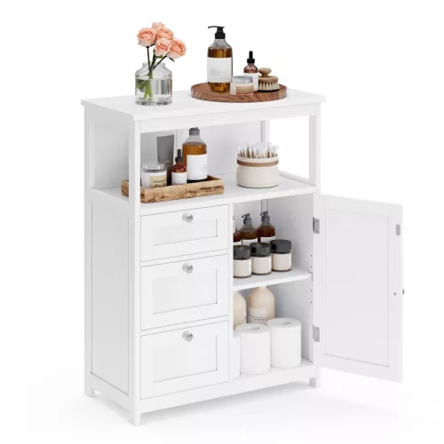 VASAGLE Szabadon Álló Fürdőszobai Tároló Szekrény Állítható Polccal 3 Fiókkal MDF Fehér
