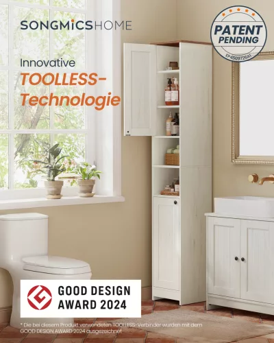 SONGMICS HOME BBC667WJ01 fürdőszobaszekrény szerszámmentes technológiával vintage fehér 30 x 30 x 170 cm