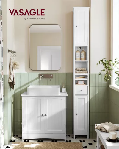 VASAGLE magas fürdőszobai szekrény MDF felhőfehér állítható polcokkal
