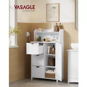  VASAGLE fürdőszobai szekrény beépített töltőállomással fiókokkal és állítható polcokkal 30 x 60 x 100 cm felhőfehér