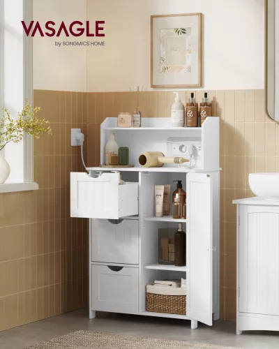 VASAGLE fürdőszobai szekrény beépített töltőállomással fiókokkal és állítható polcokkal 30 x 60 x 100 cm felhőfehér