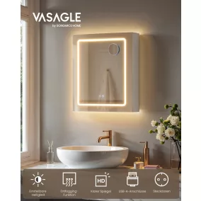   VASAGLE Kailyn BBK133W01 Fürdőszobai Tükrös Fali Szekrény LED Világítással, Fehér