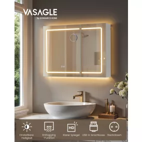   VASAGLE KAILYN BBK134W01 fürdőszobai tükrös szekrény LED világítással fehér