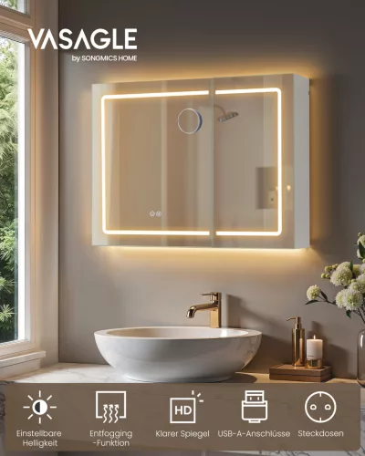 VASAGLE KAILYN BBK134W01 fürdőszobai tükrös szekrény LED világítással fehér