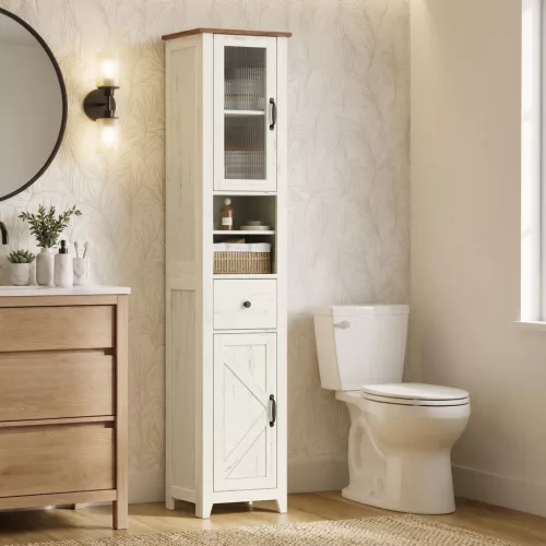 VASAGLE LIRY fürdőszobaszekrény rusztikus fehér és mézesbarná 31,5 x 33 x 171 cm