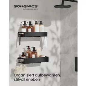   SONGMICS Zuhanyzó Polc 2 Darabos Szett Acél Fekete Öntapadós Fúrás Nélküli