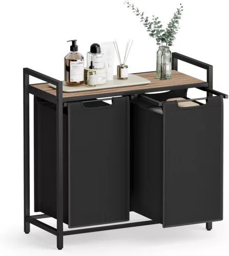 VASAGLE Dupla Szennyestartó Kosár Polccal Fekete-Tevebarna