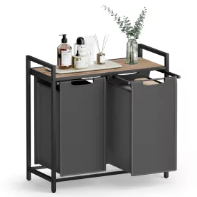   VASAGLE 2 rekeszes szennyeskosár fém vázzal polccal karamell barna és szürke