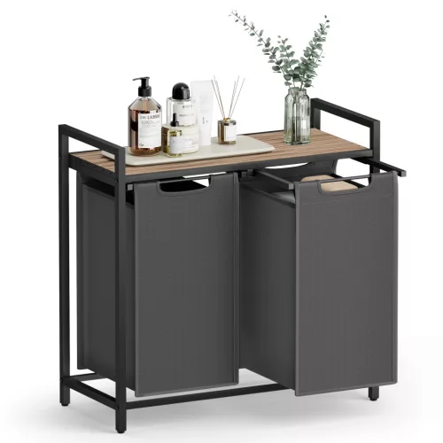 VASAGLE 2 rekeszes szennyeskosár fém vázzal polccal karamell barna és szürke