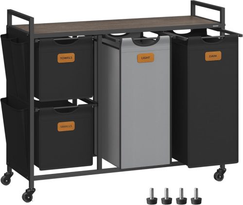 VASAGLE Gurulós Szennyestartó Rendező 4 Rekesszel 150L Gesztenyebarna-Fekete-Szürke