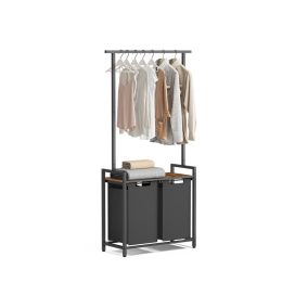   VASAGLE Modern Szennyestartó Állvány Polccal és Akasztóval Rusztikus Barna-Fekete